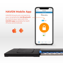 Load image into Gallery viewer, HAVEN Smartlock connects to your smartphone via Bluetooth to control your lock with the HAVEN app. Available for iPhone and Android
