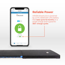 Load image into Gallery viewer, HAVEN SmartLock is powered by a 3.7V, 5000mAh LiPo battery that lasts up to 12 months on a single charge and is good for 350+ charge cycles
